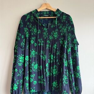 Ralph Lauren Blue and Green Pleated Blouse with Mandarin Collar